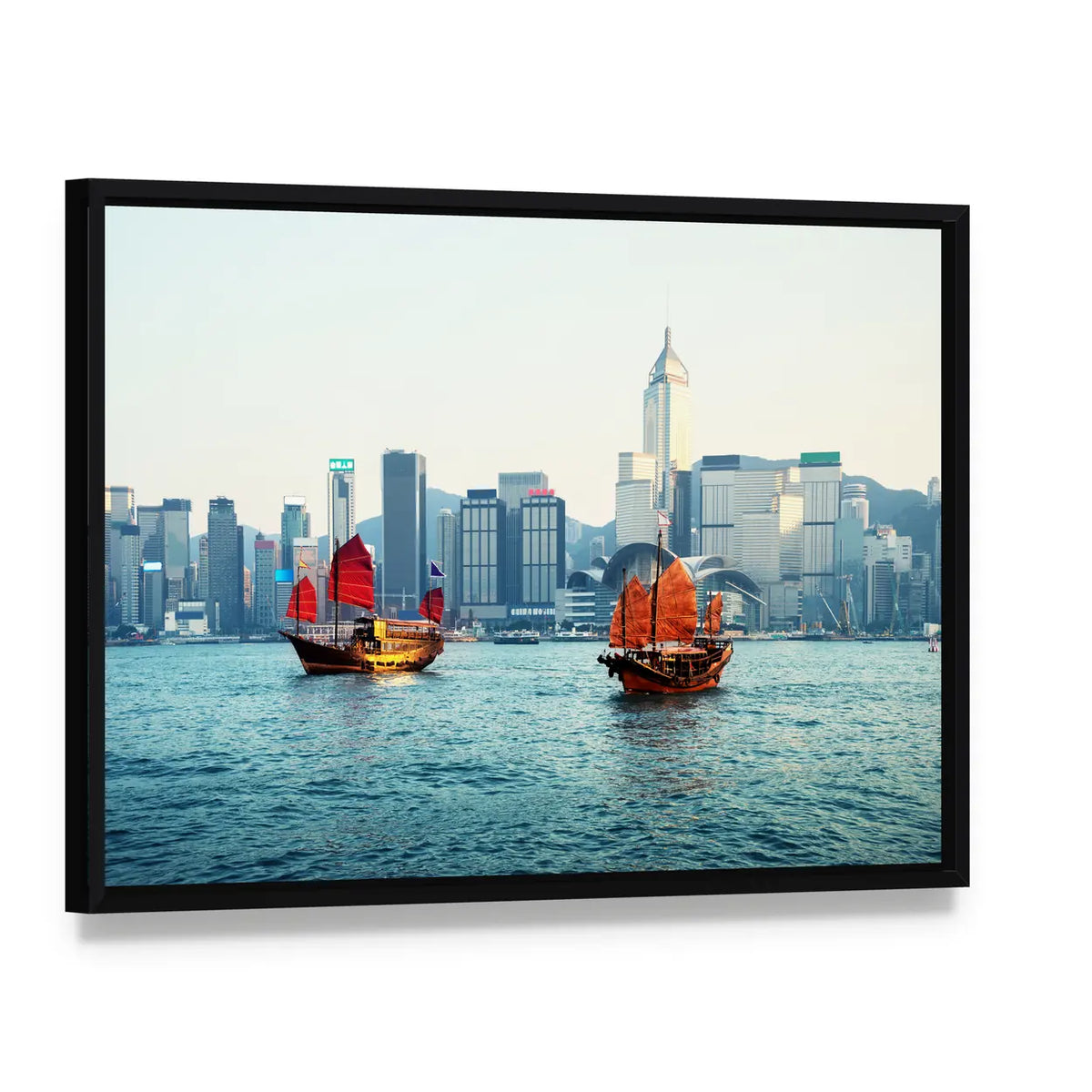 Hong Kong Harbor with Two Junks Canvas Wall Art, framed canvas in a black floater frame, angled product view