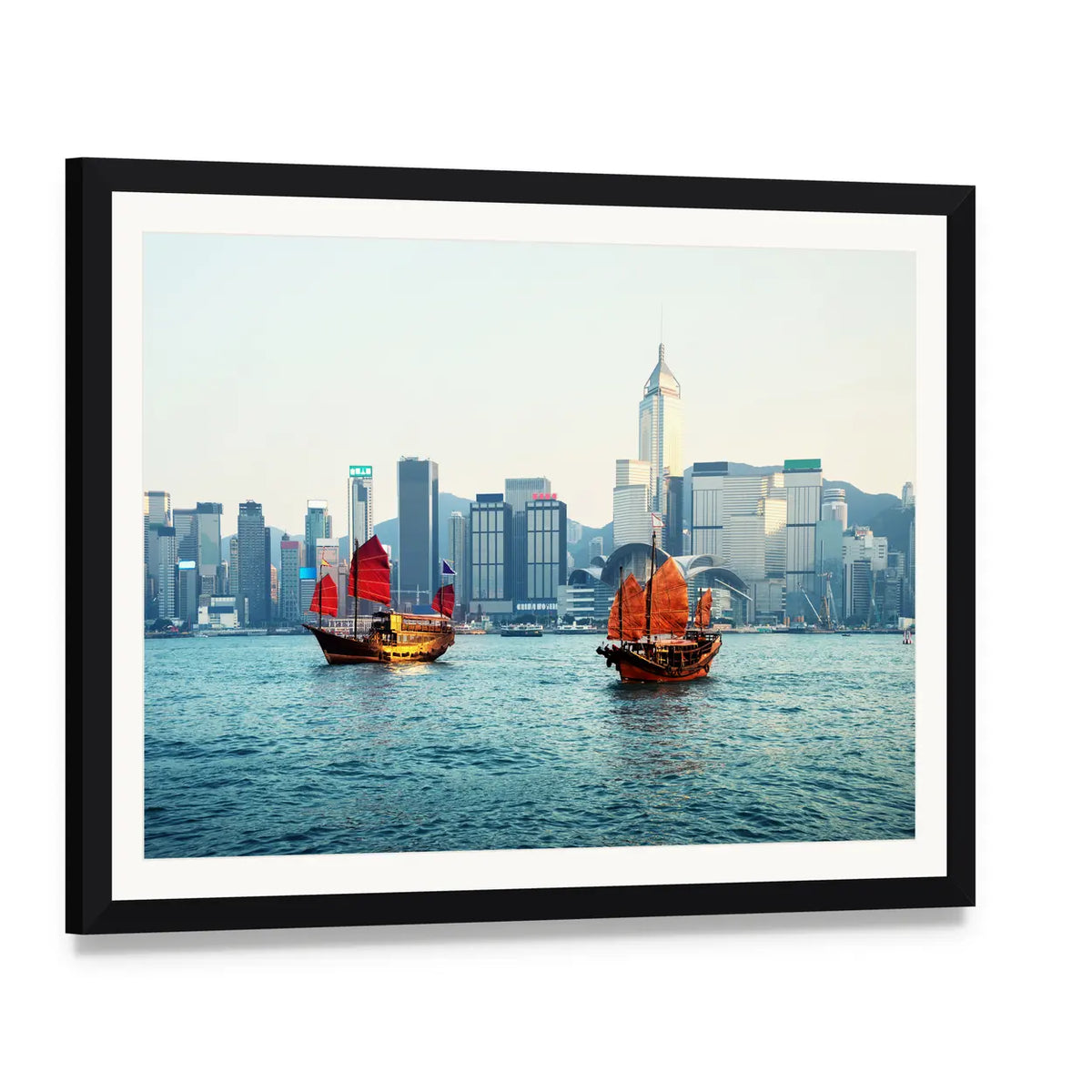 Hong Kong Harbor with Two Junks Canvas Wall Art, framed print with white mat and black frame, angled product view
