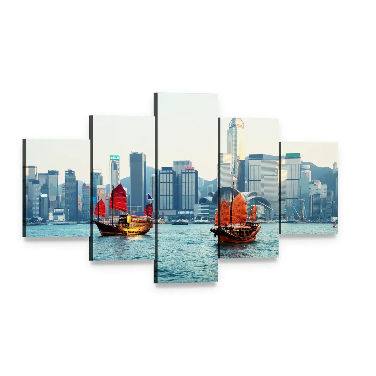 Hong Kong Harbor with Two Junks Canvas Wall Art, 5 panel 5 Star layout gallery wrapped canvas set, angled product view