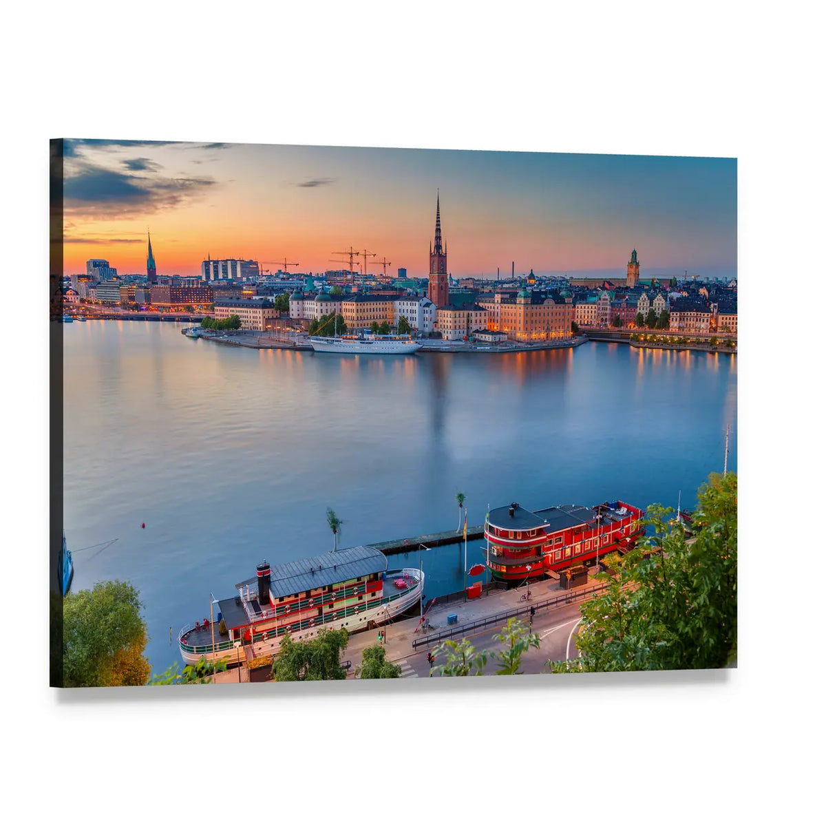 Stockholm Skyline at Dusk Canvas Wall Art, single panel gallery wrapped canvas, angled product view