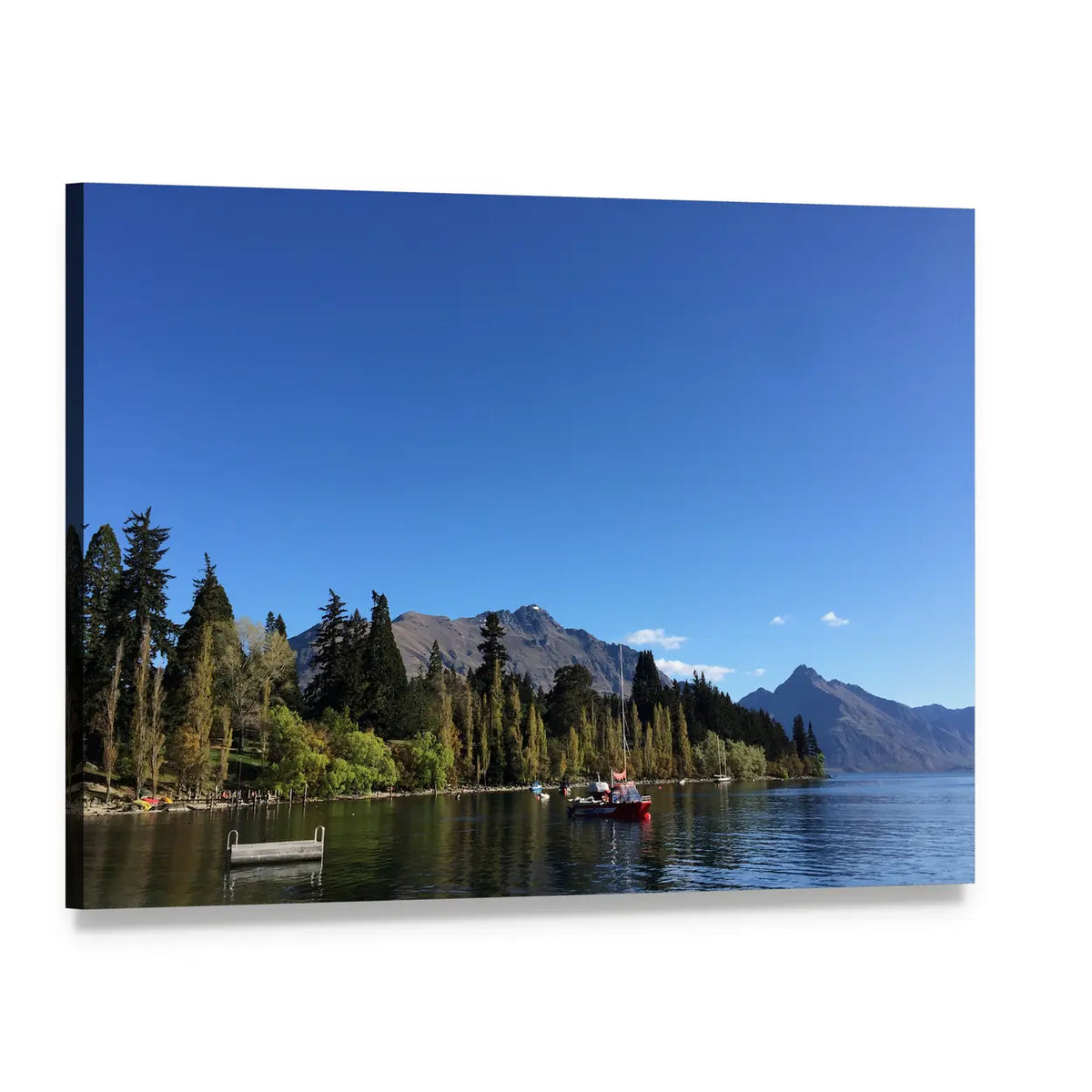 Queenstown Turquoise Lake Waterfront Canvas Wall Art, single panel gallery wrapped canvas, angled product view