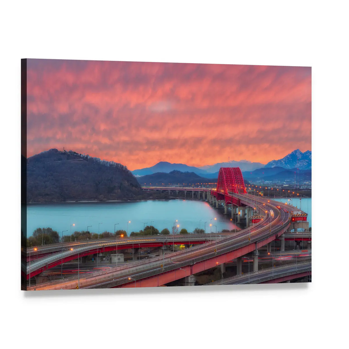 Banghwa Bridge Sunset with Light Trails Canvas Wall Art, single panel gallery wrapped canvas, angled product view