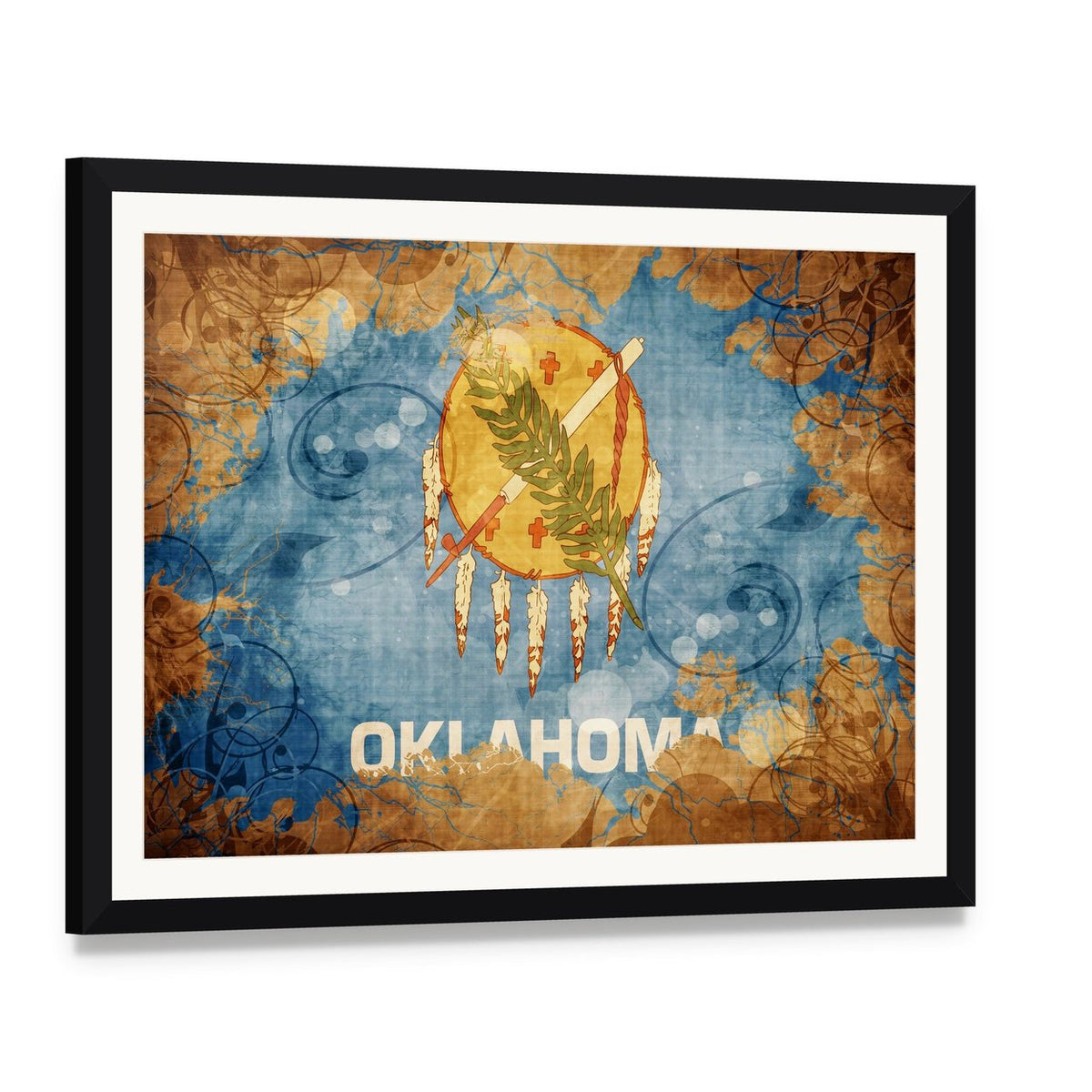 Vintage Oklahoma Flag with Distressed Border Canvas Wall Art, framed print with white mat and black frame, angled product view
