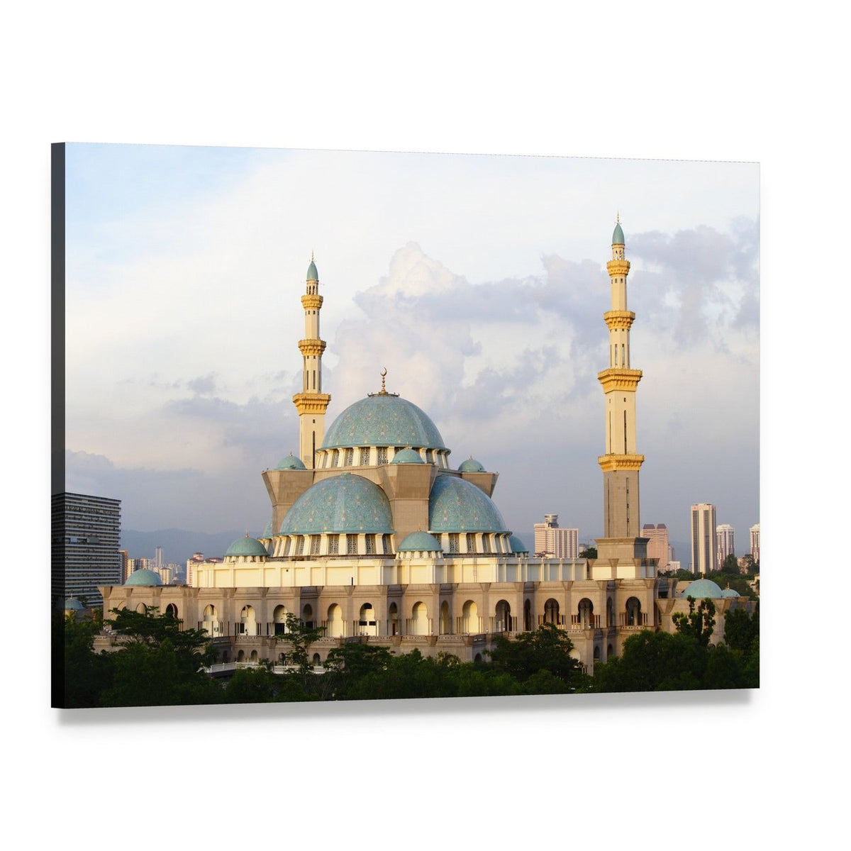 Wilayah Mosque with Teal Domes Canvas Wall Art, single panel gallery wrapped canvas, angled product view