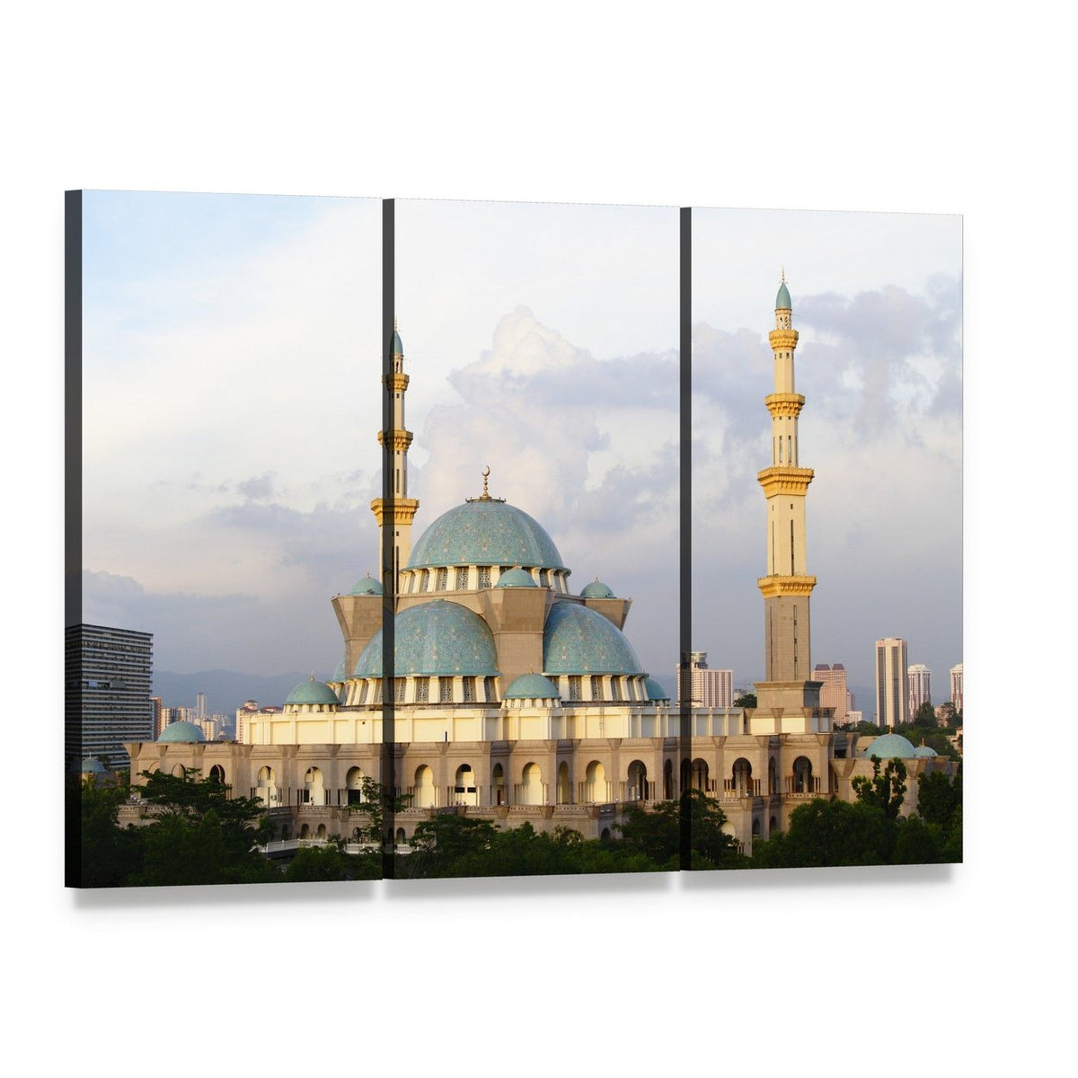 Wilayah Mosque with Teal Domes Canvas Wall Art, 3 panel 3 Horizontal layout gallery wrapped canvas set, angled product view