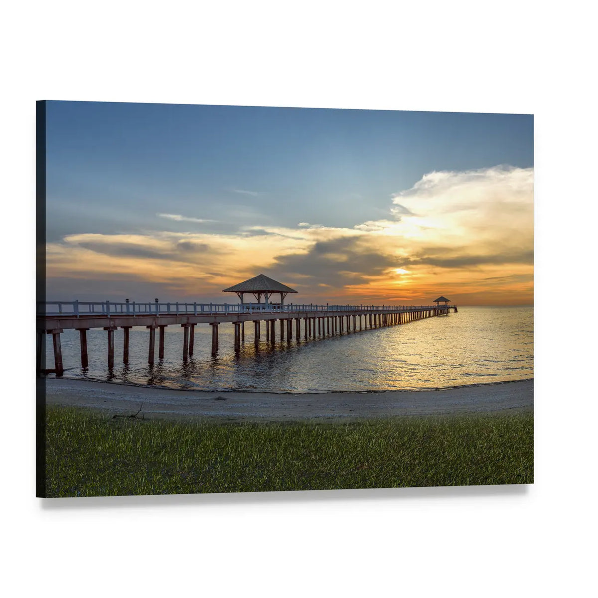 Wooden Pier with Gazebo at Sunset Canvas Wall Art, single panel gallery wrapped canvas, angled product view