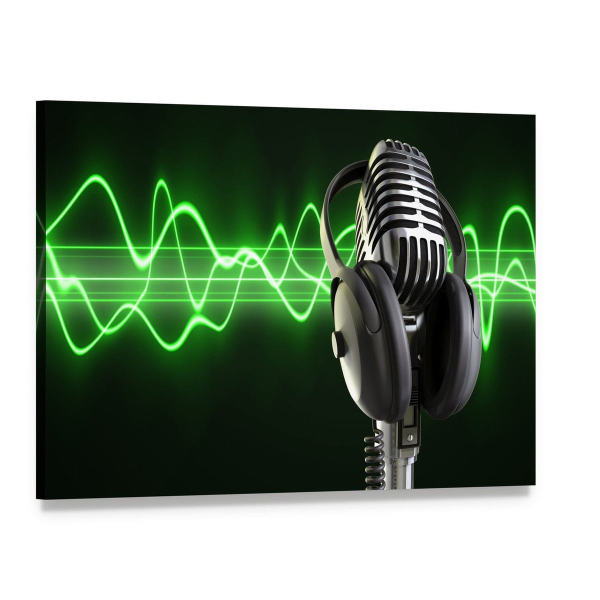 Microphone and Headphones with Green Sound Wave Canvas Wall Art, single panel gallery wrapped canvas, angled product view