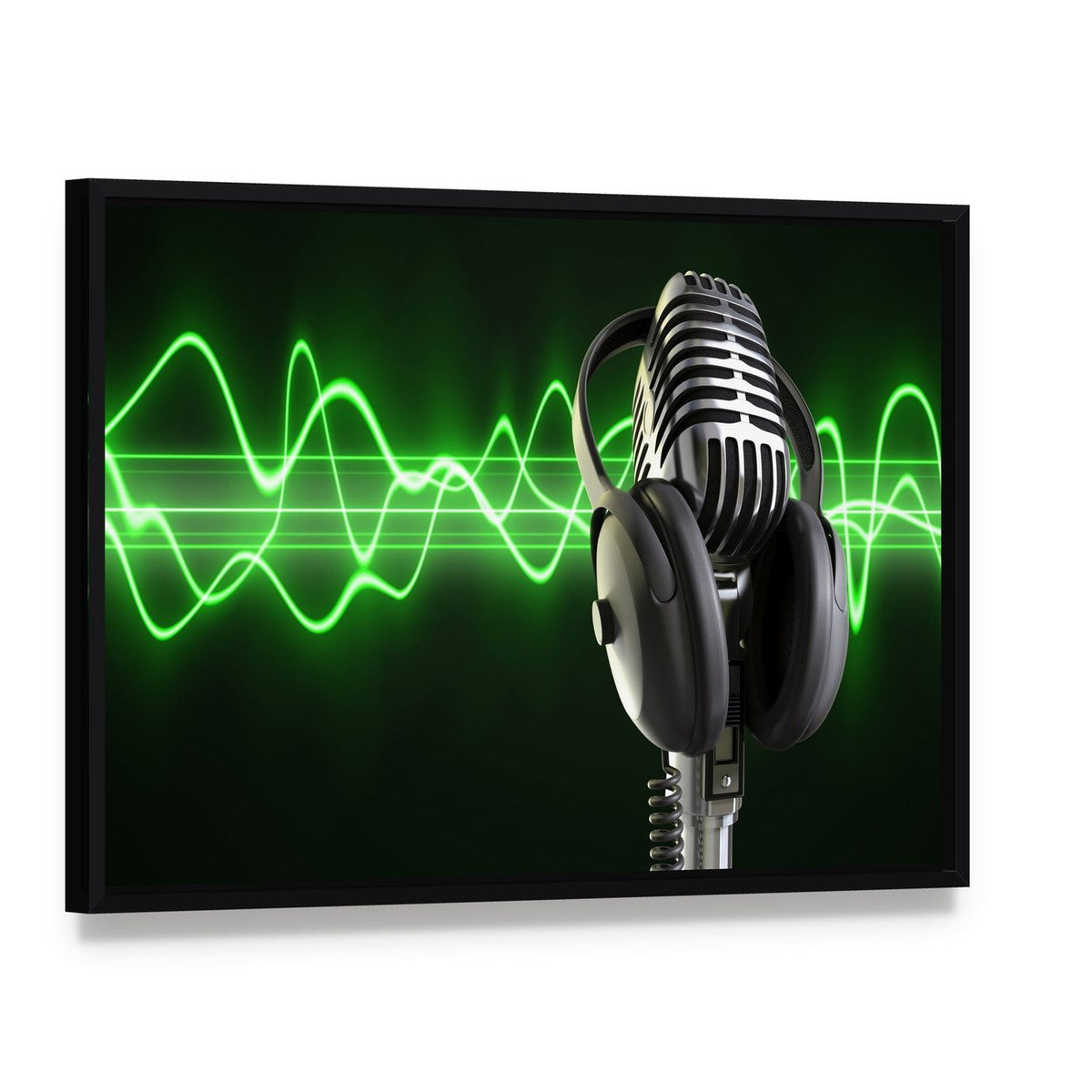 Microphone and Headphones with Green Sound Wave Canvas Wall Art, framed canvas in a black floater frame, angled product view
