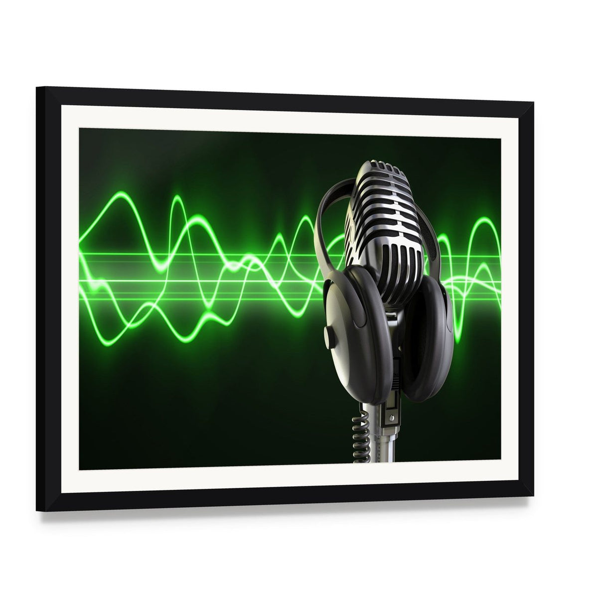 Microphone and Headphones with Green Sound Wave Canvas Wall Art, framed print with white mat and black frame, angled product view