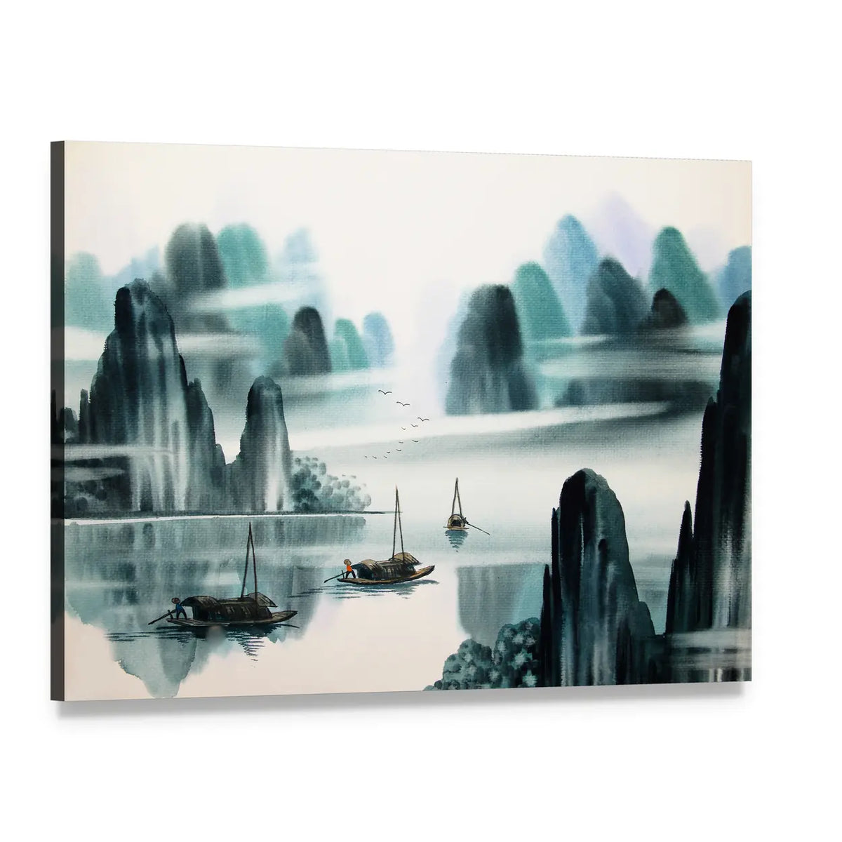 Misty River Chinese Watercolor Landscape Canvas Wall Art, single panel gallery wrapped canvas, angled product view