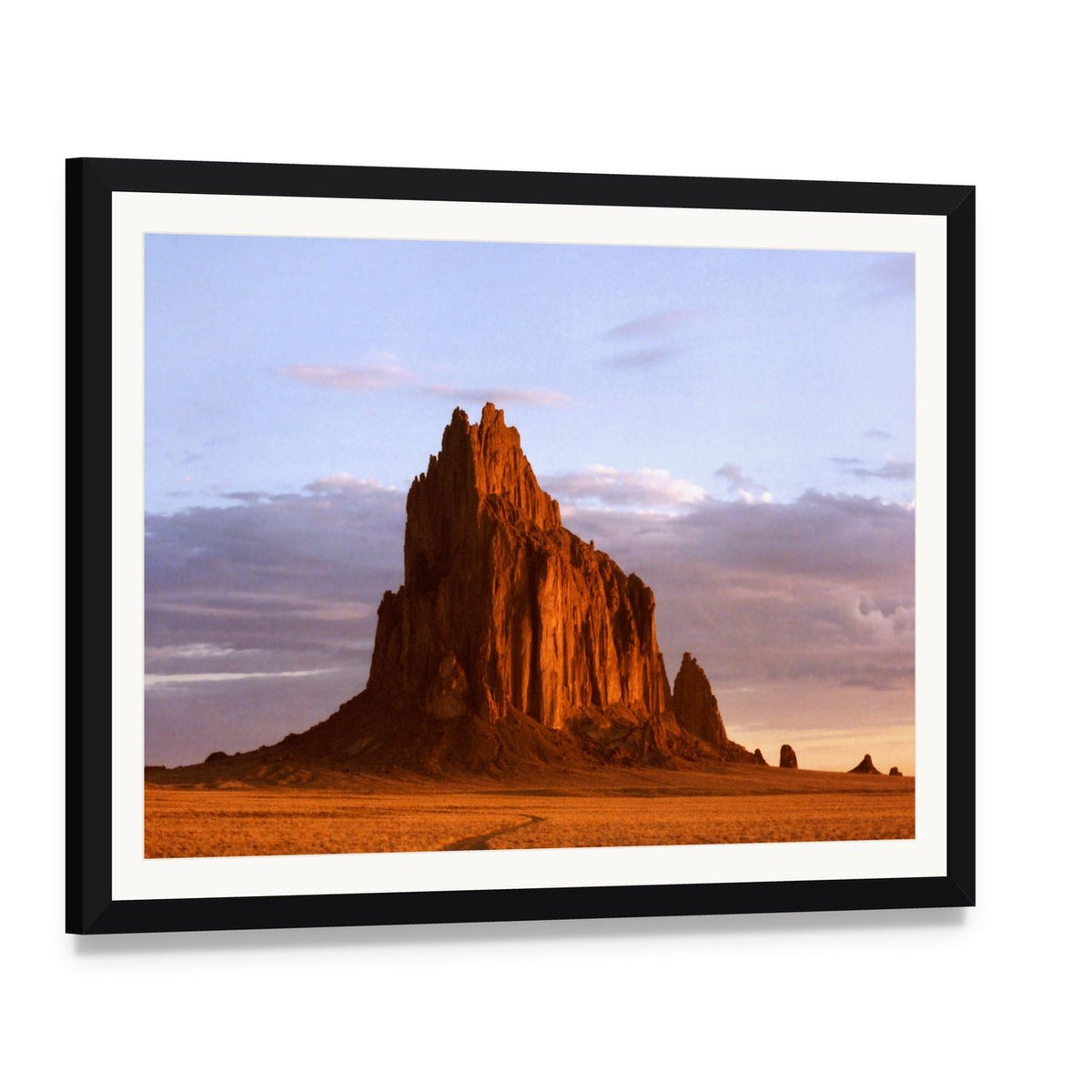 Shiprock at Sunset Canvas Wall Art, framed print with white mat and black frame, angled product view
