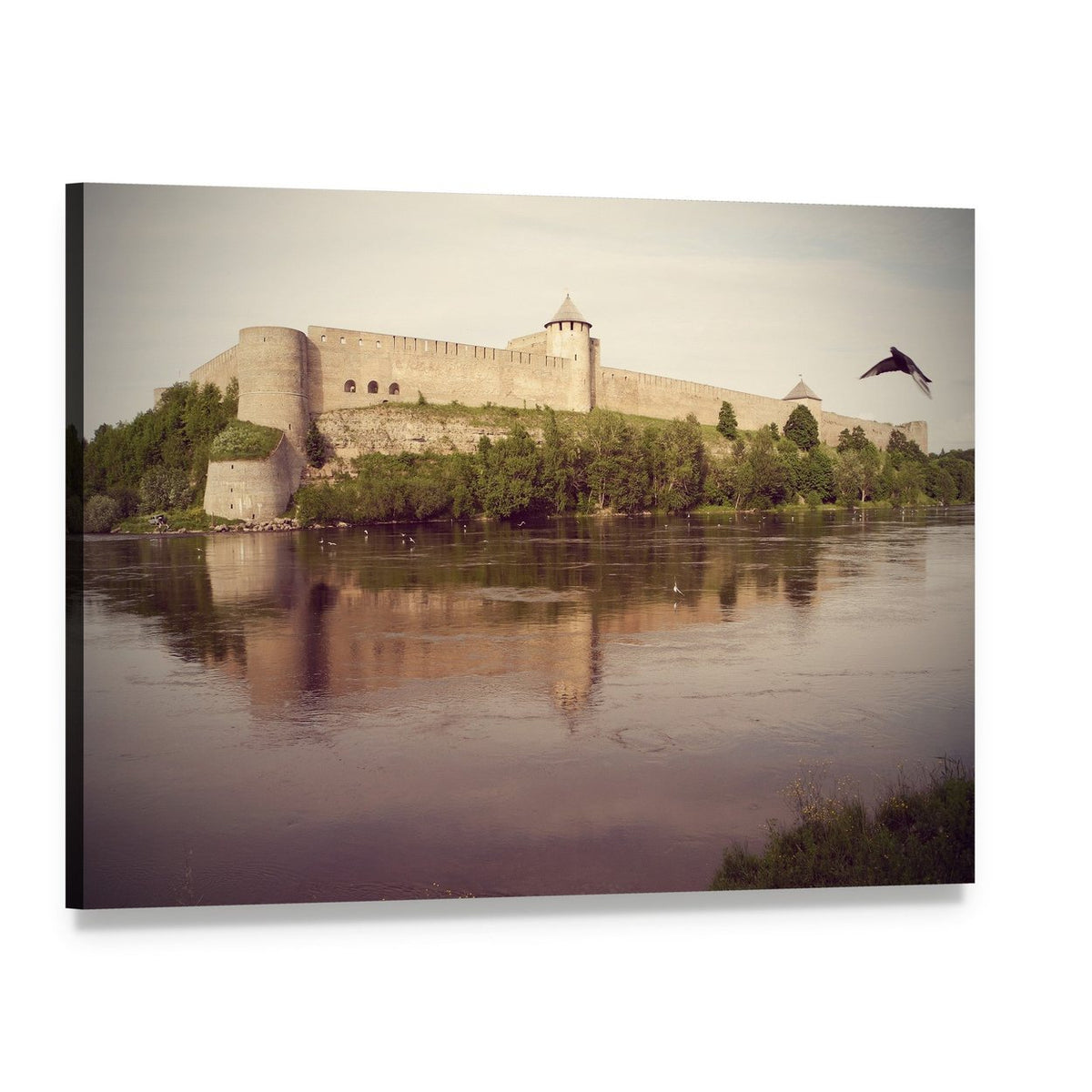 Stone Fortress with River Reflection Canvas Wall Art, single panel gallery wrapped canvas, angled product view
