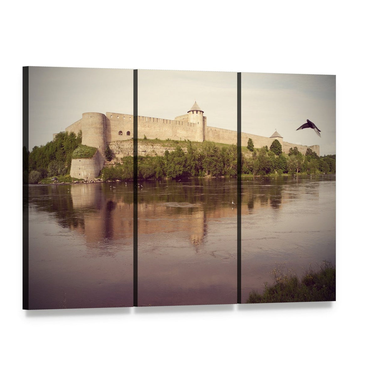 Stone Fortress with River Reflection Canvas Wall Art, 3 panel 3 Horizontal layout gallery wrapped canvas set, angled product view