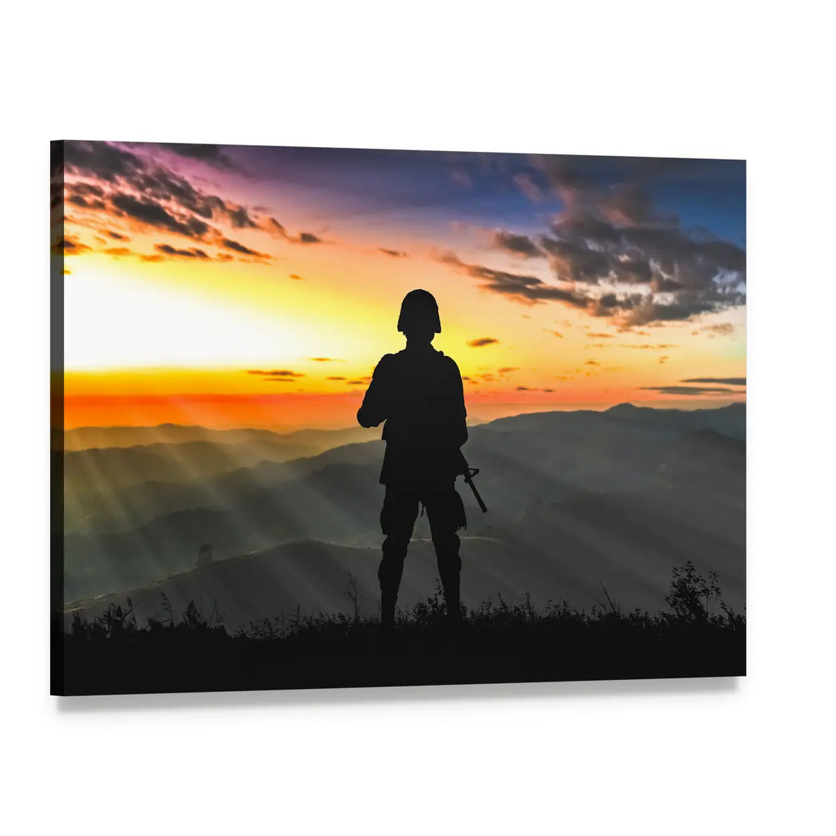 Army Ranger at Sunset Canvas Wall Art, single panel gallery wrapped canvas, angled product view