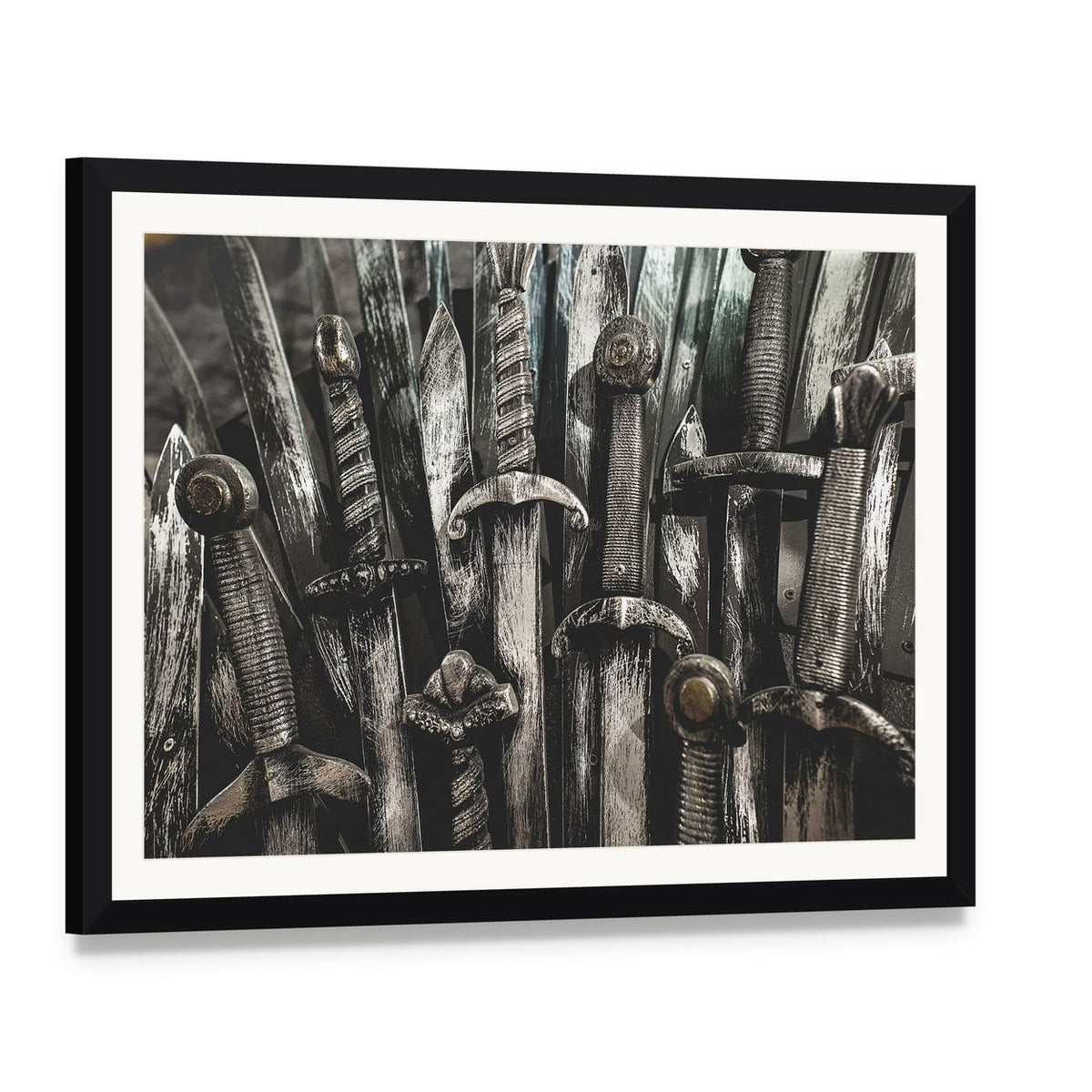 Iron Throne Swords Close-up Canvas Wall Art, framed print with white mat and black frame, angled product view