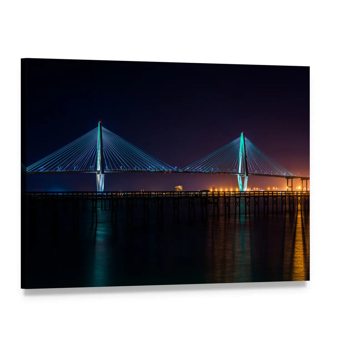 Arthur Ravenel Bridge at Night Canvas Wall Art, single panel gallery wrapped canvas, angled product view