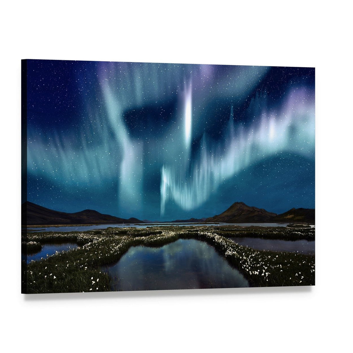 Northern Lights Over Wildflowers Canvas Wall Art, single panel gallery wrapped canvas, angled product view