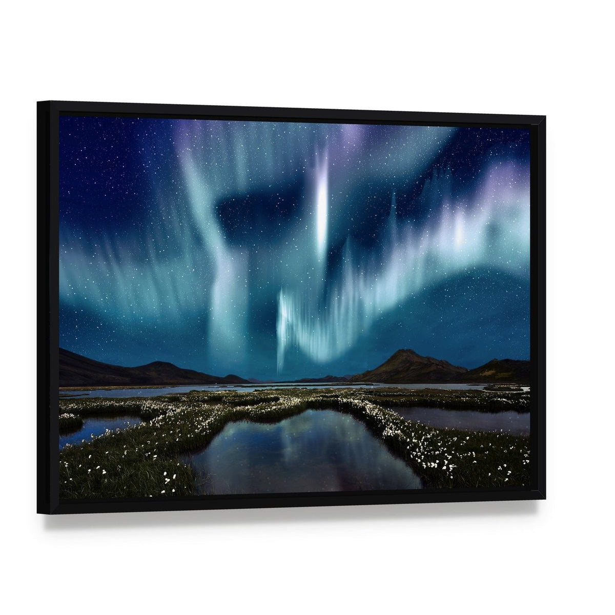Northern Lights Over Wildflowers Canvas Wall Art, framed canvas in a black floater frame, angled product view