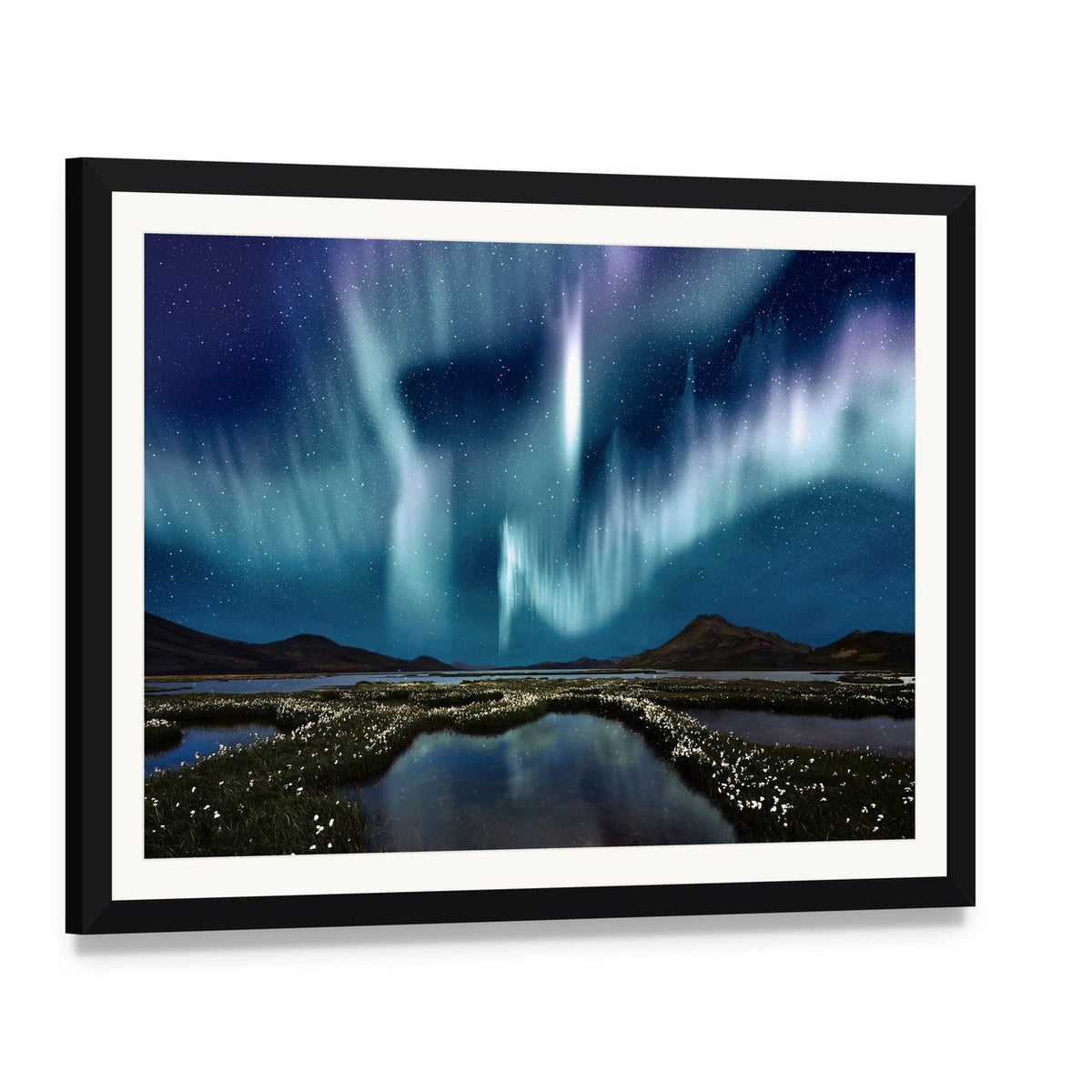Northern Lights Over Wildflowers Canvas Wall Art, framed print with white mat and black frame, angled product view