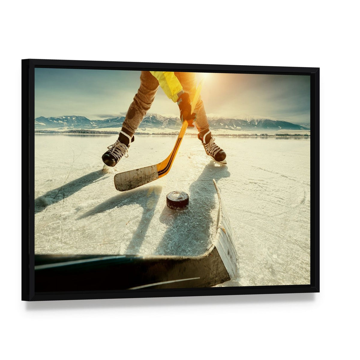 Ice Hockey Game Moment Canvas Wall Art, framed canvas in a black floater frame, angled product view