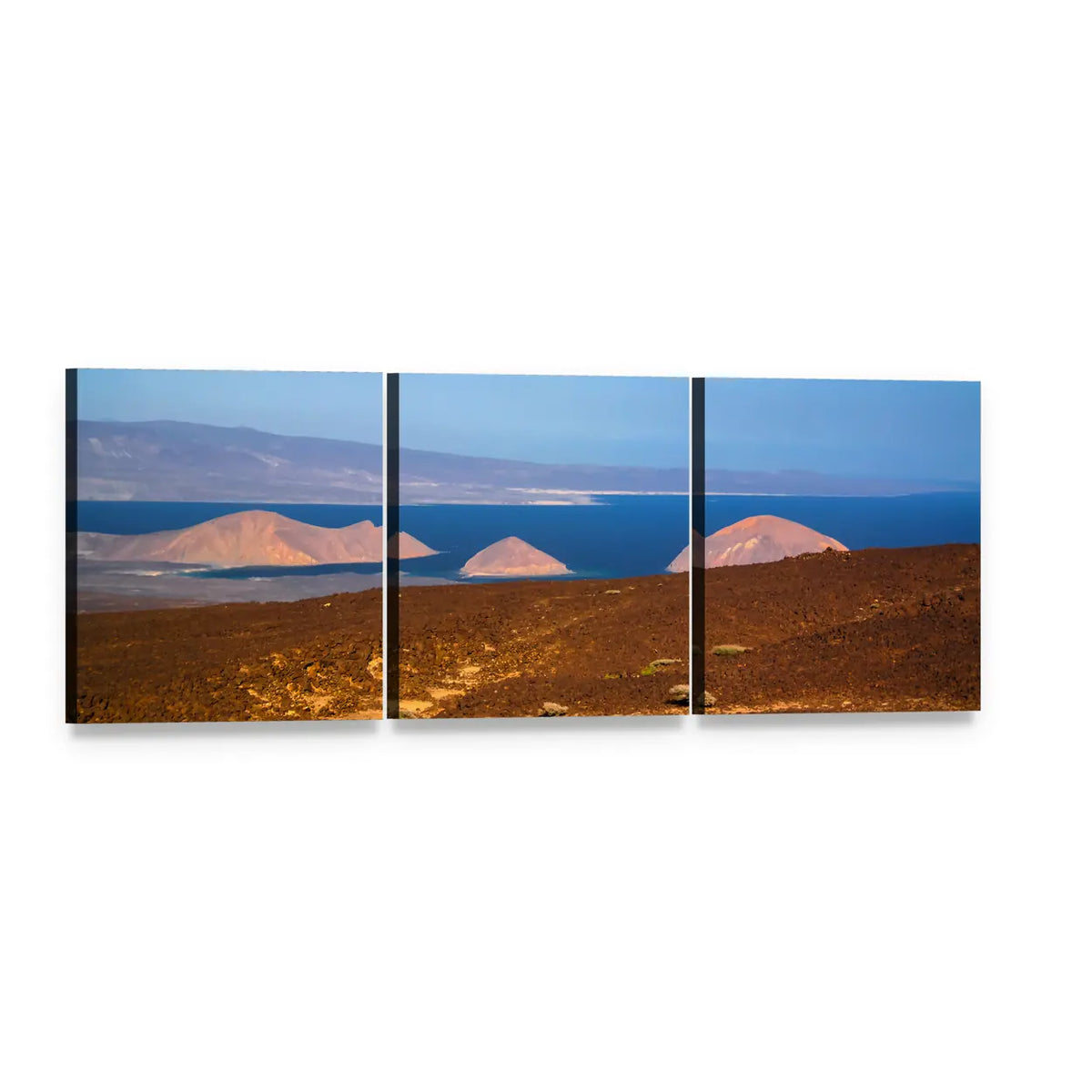 Ghoubet Lake and Diable Island Panoramic Canvas Wall Art, 3 panel 3 Piece layout gallery wrapped canvas set, angled product view