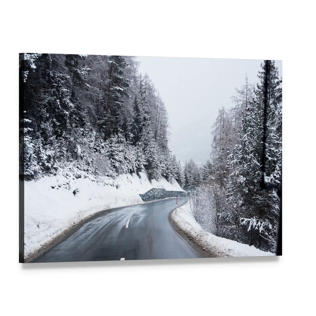 Winter Road Through Icy Forest Canvas Wall Art, single panel gallery wrapped canvas, angled product view