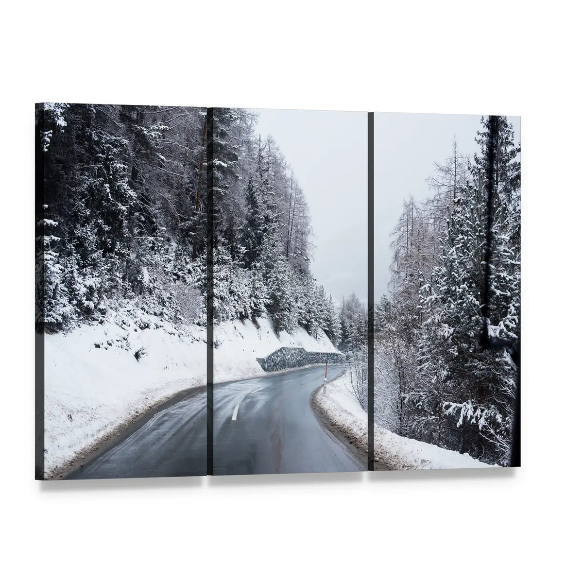 Winter Road Through Icy Forest Canvas Wall Art, 3 panel 3 Horizontal layout gallery wrapped canvas set, angled product view