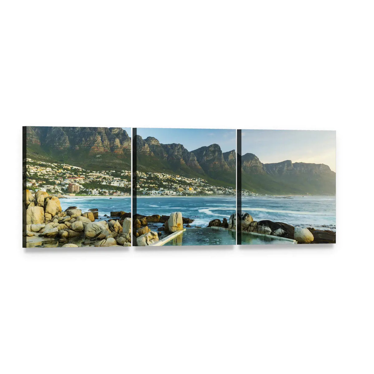 Camps Bay and the Twelve Apostles Panoramic Canvas Wall Art, 3 panel 3 Piece layout gallery wrapped canvas set, angled product view