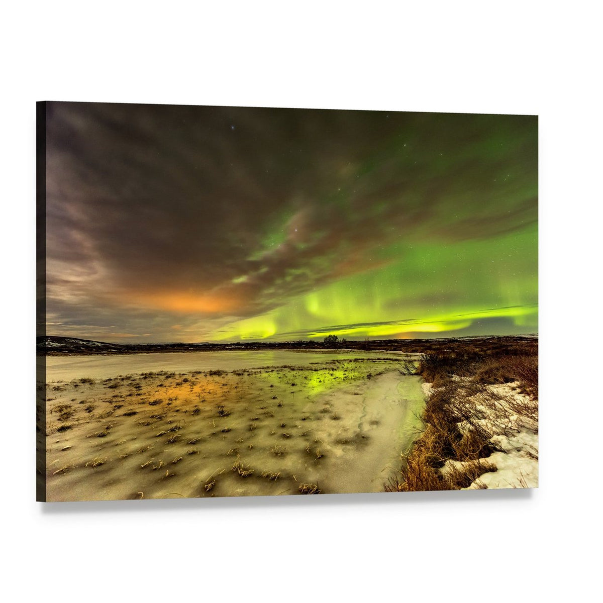 Aurora Borealis Over Frozen Lake Canvas Wall Art, single panel gallery wrapped canvas, angled product view