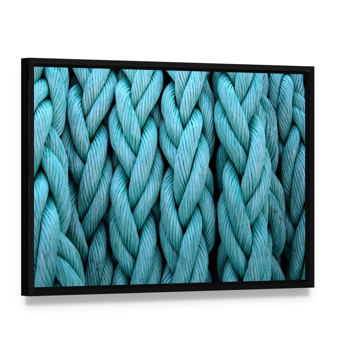 Rope on a Boat Canvas Wall Art, framed canvas in a black floater frame, angled product view