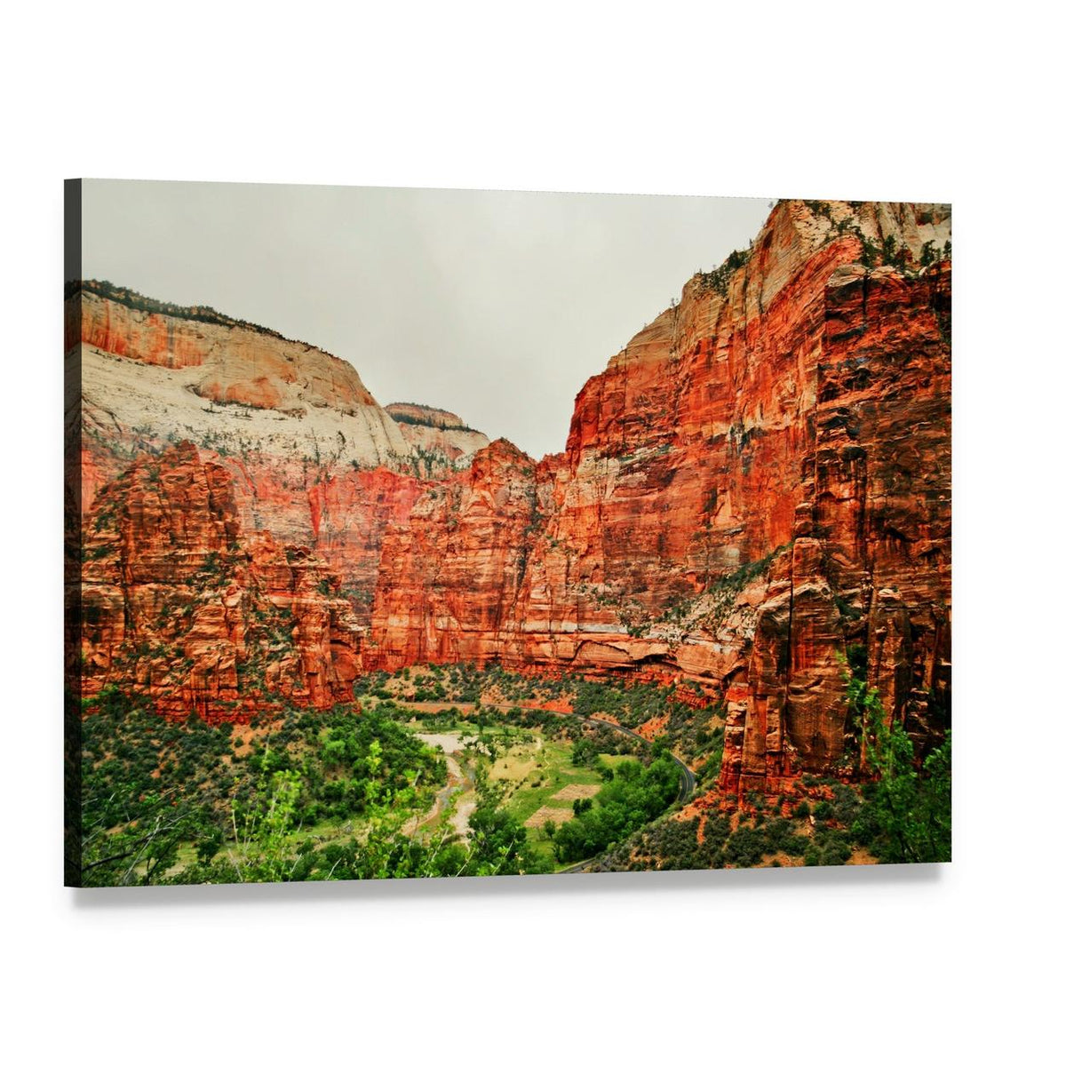 Zion National Park Canyon River Landscape Canvas Wall Art, single panel gallery wrapped canvas, angled product view