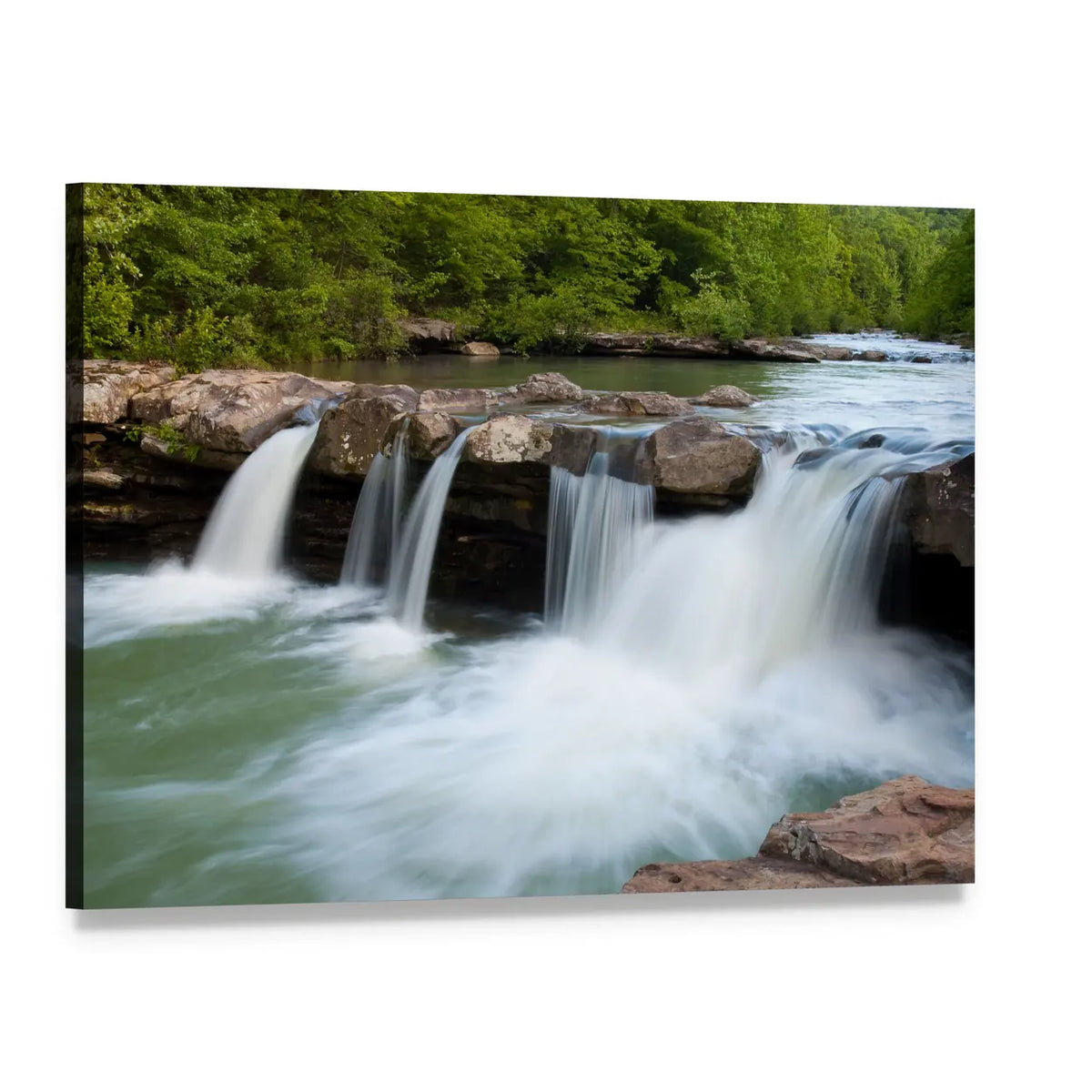 Lush Forest Stream with Cascading Falls Canvas Wall Art, single panel gallery wrapped canvas, angled product view
