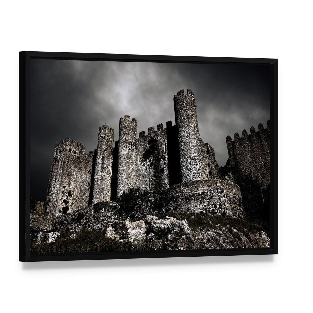 Medieval Castle at Night Canvas Wall Art, framed canvas in a black floater frame, angled product view