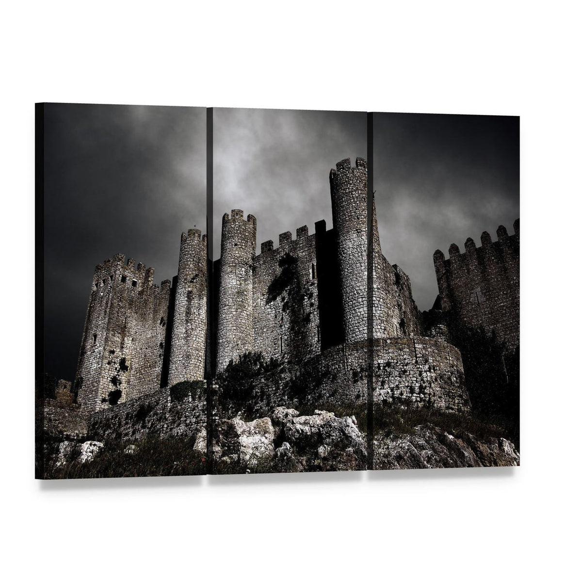 Medieval Castle at Night Canvas Wall Art, 3 panel 3 Horizontal layout gallery wrapped canvas set, angled product view