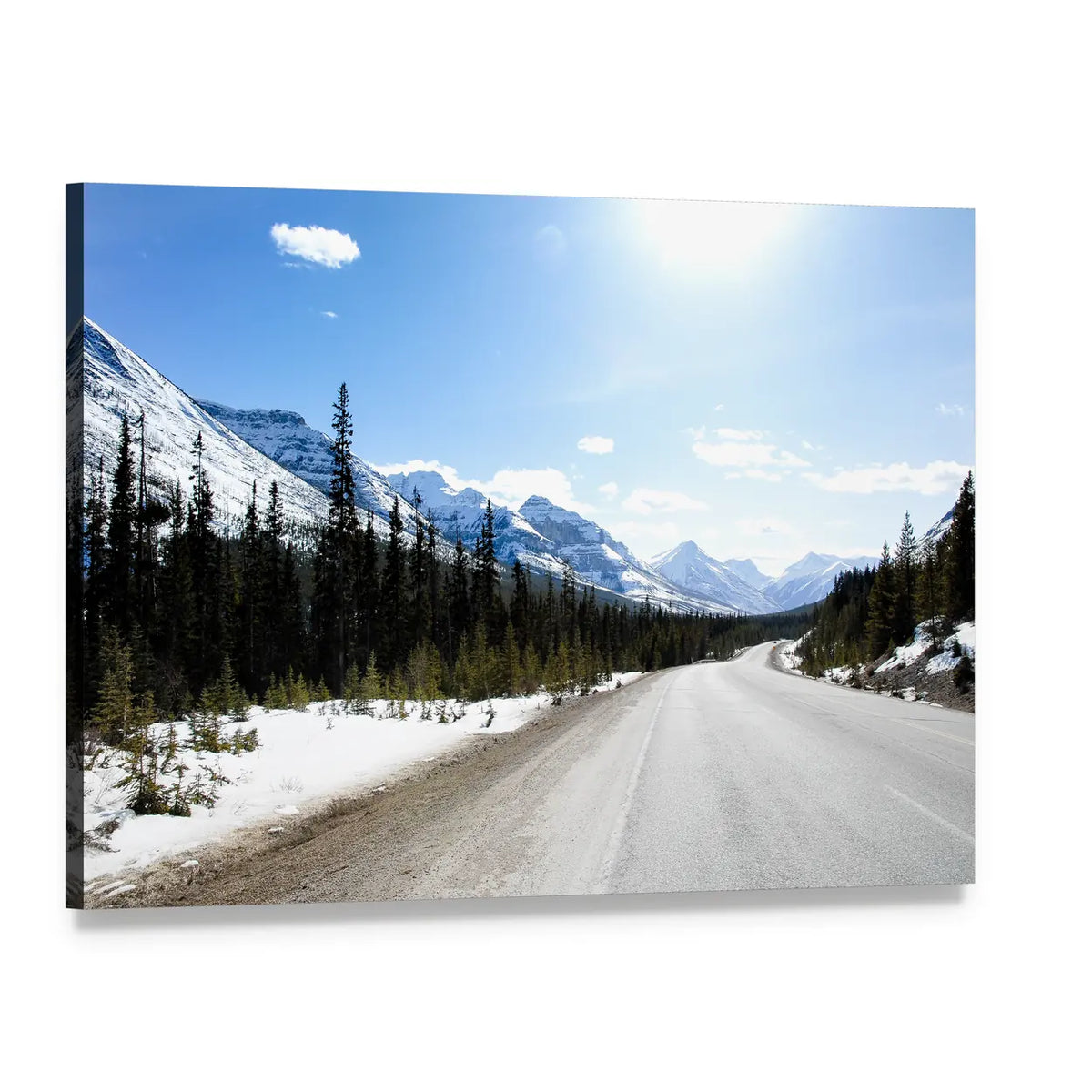 Snowy Mountain Highway in Canada Canvas Wall Art, single panel gallery wrapped canvas, angled product view