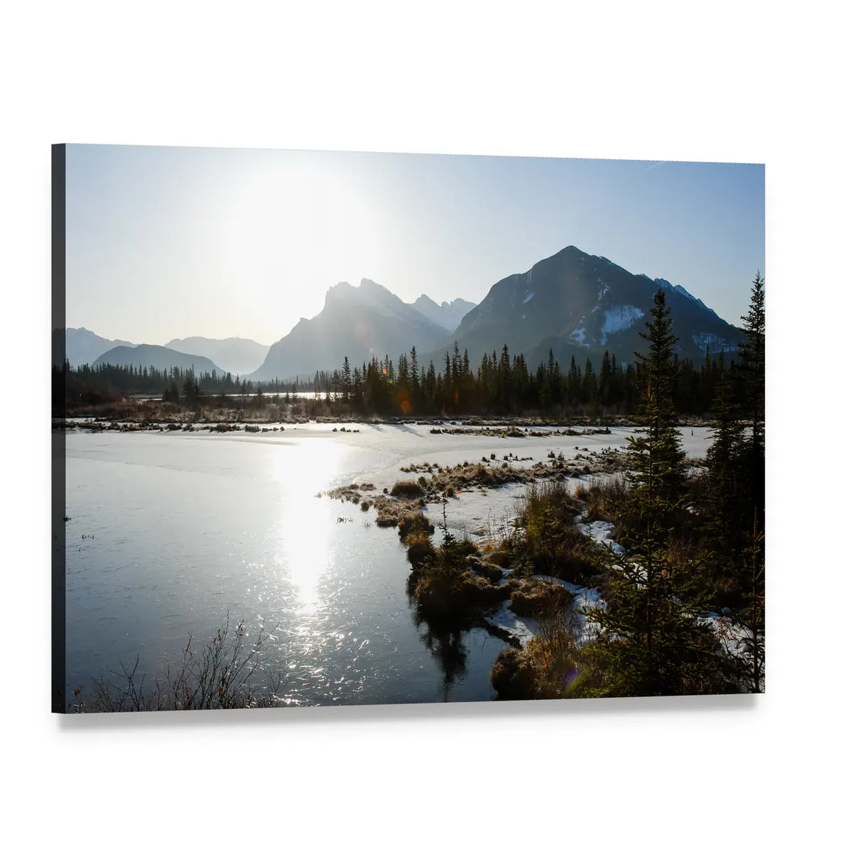 Vermilion Lake Morning Reflection Canvas Wall Art, single panel gallery wrapped canvas, angled product view