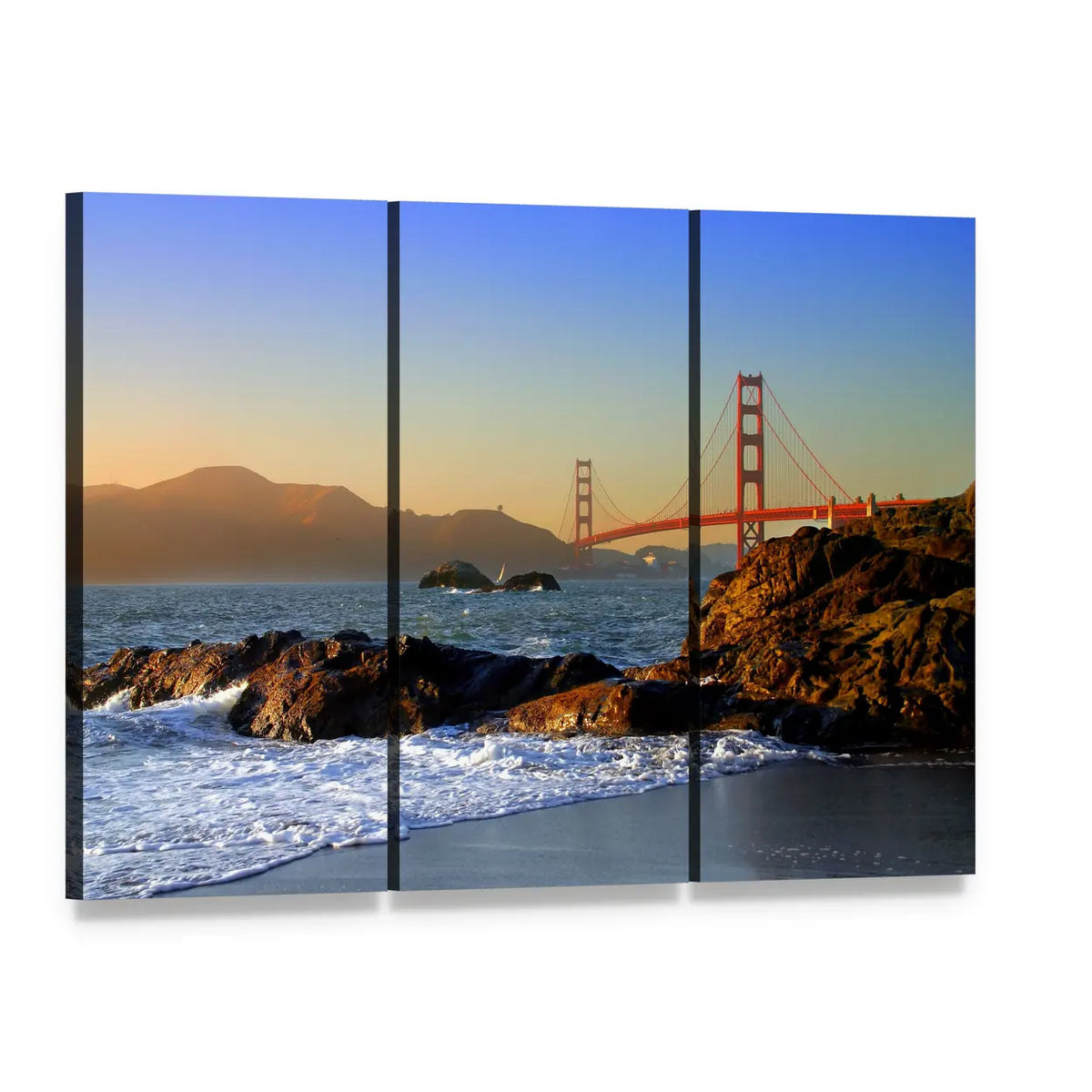 Golden Gate Bridge at Sunset Canvas Wall Art, 3 panel 3 Horizontal layout gallery wrapped canvas set, angled product view