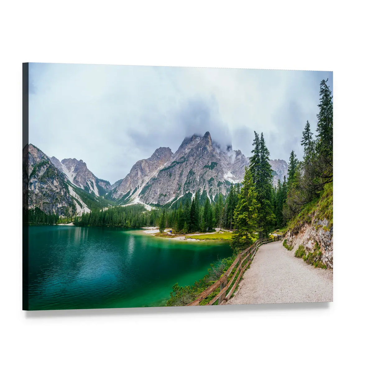 Snow-capped Mountain Lake with Pine Path Canvas Wall Art, single panel gallery wrapped canvas, angled product view