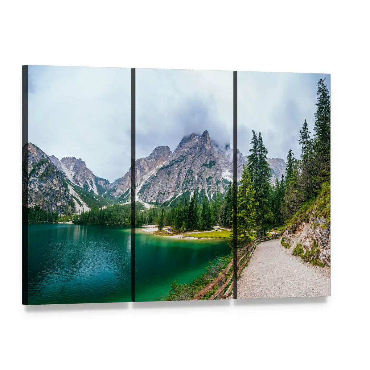 Snow-capped Mountain Lake with Pine Path Canvas Wall Art, 3 panel 3 Horizontal layout gallery wrapped canvas set, angled product view