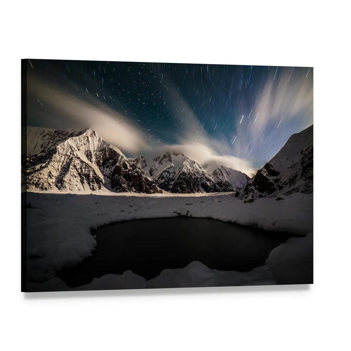 Star Trails Over Snowy Peaks and Lake Canvas Wall Art, single panel gallery wrapped canvas, angled product view