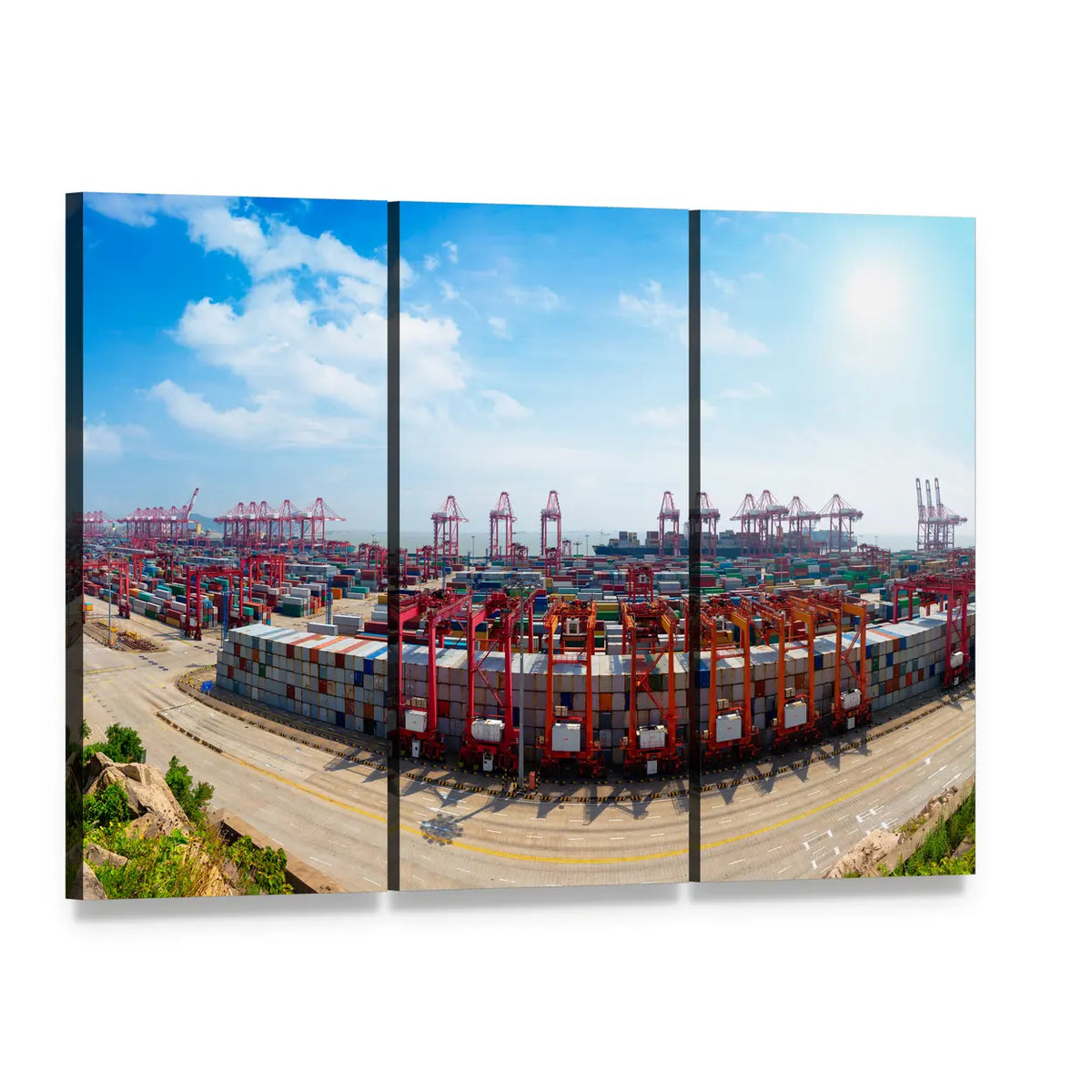 Aerial View of Shanghai Yangshan Deepwater Port Canvas Wall Art, 3 panel 3 Horizontal layout gallery wrapped canvas set, angled product view