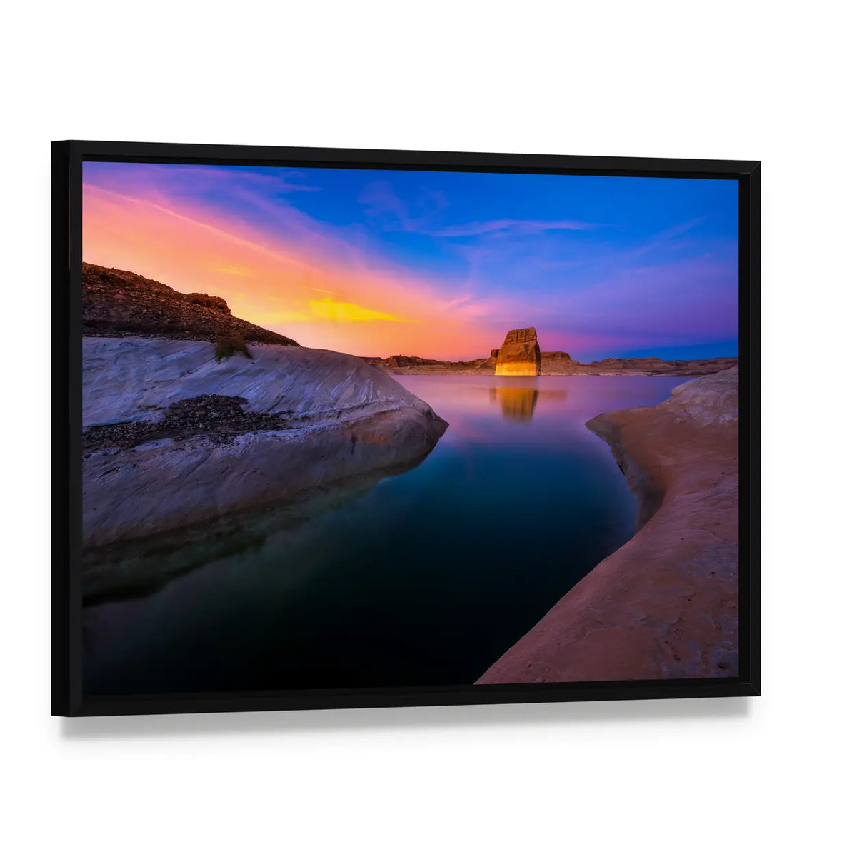 Sunset Over Lake Powell Canvas Wall Art, framed canvas in a black floater frame, angled product view