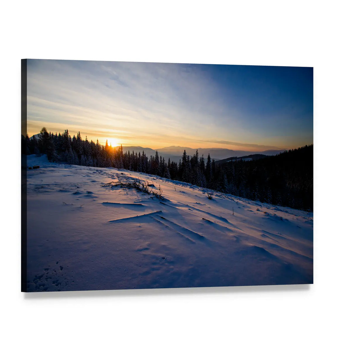 Winter Mountain Sunset with Snowy Forest Canvas Wall Art, single panel gallery wrapped canvas, angled product view