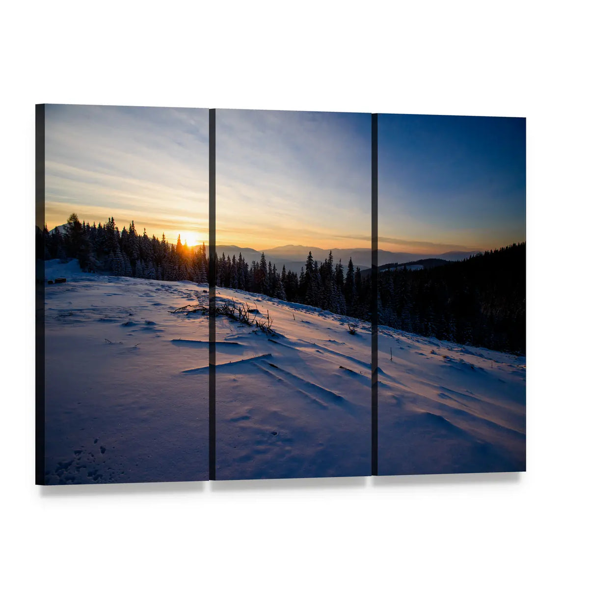Winter Mountain Sunset with Snowy Forest Canvas Wall Art, 3 panel 3 Horizontal layout gallery wrapped canvas set, angled product view