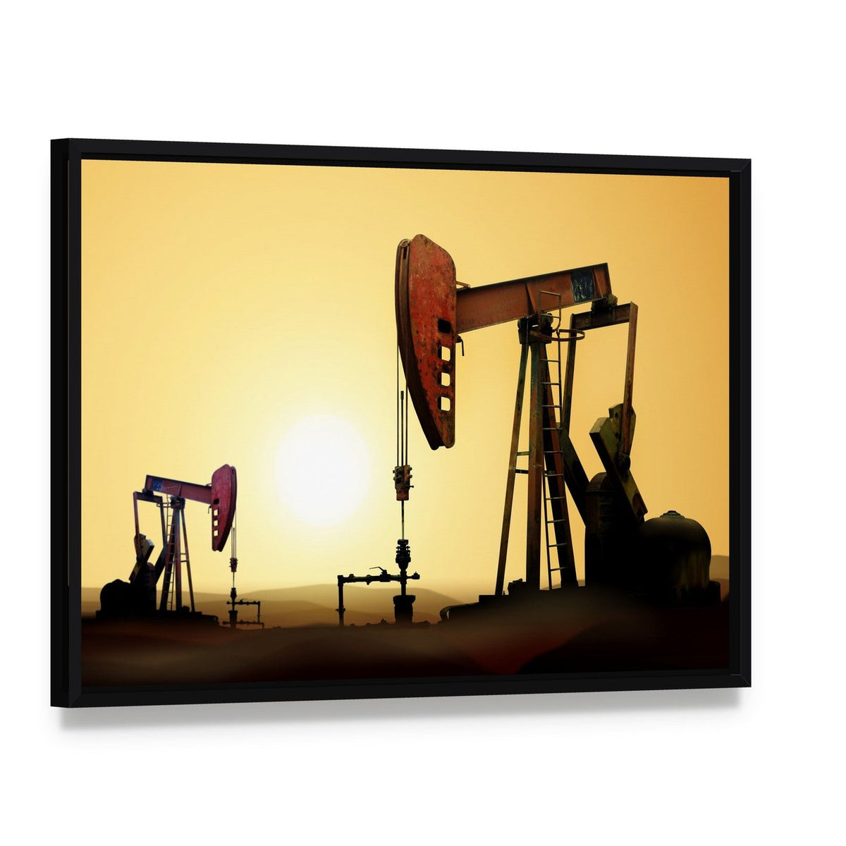 Two Oil Pump Jacks at Sunset Canvas Wall Art, framed canvas in a black floater frame, angled product view