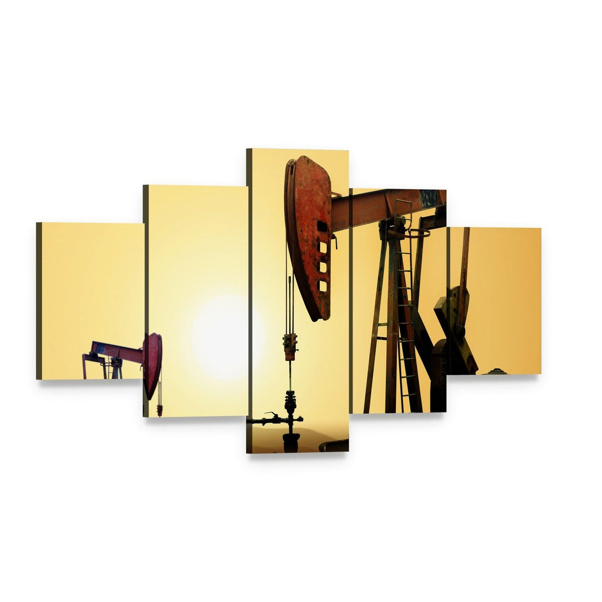 Two Oil Pump Jacks at Sunset Canvas Wall Art, 5 panel 5 Star layout gallery wrapped canvas set, angled product view