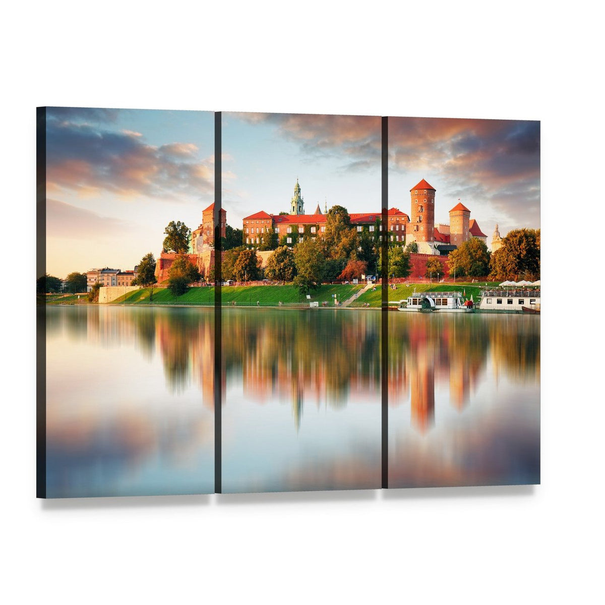 Wawel Hill Castle at Sunset Canvas Wall Art, 3 panel 3 Horizontal layout gallery wrapped canvas set, angled product view