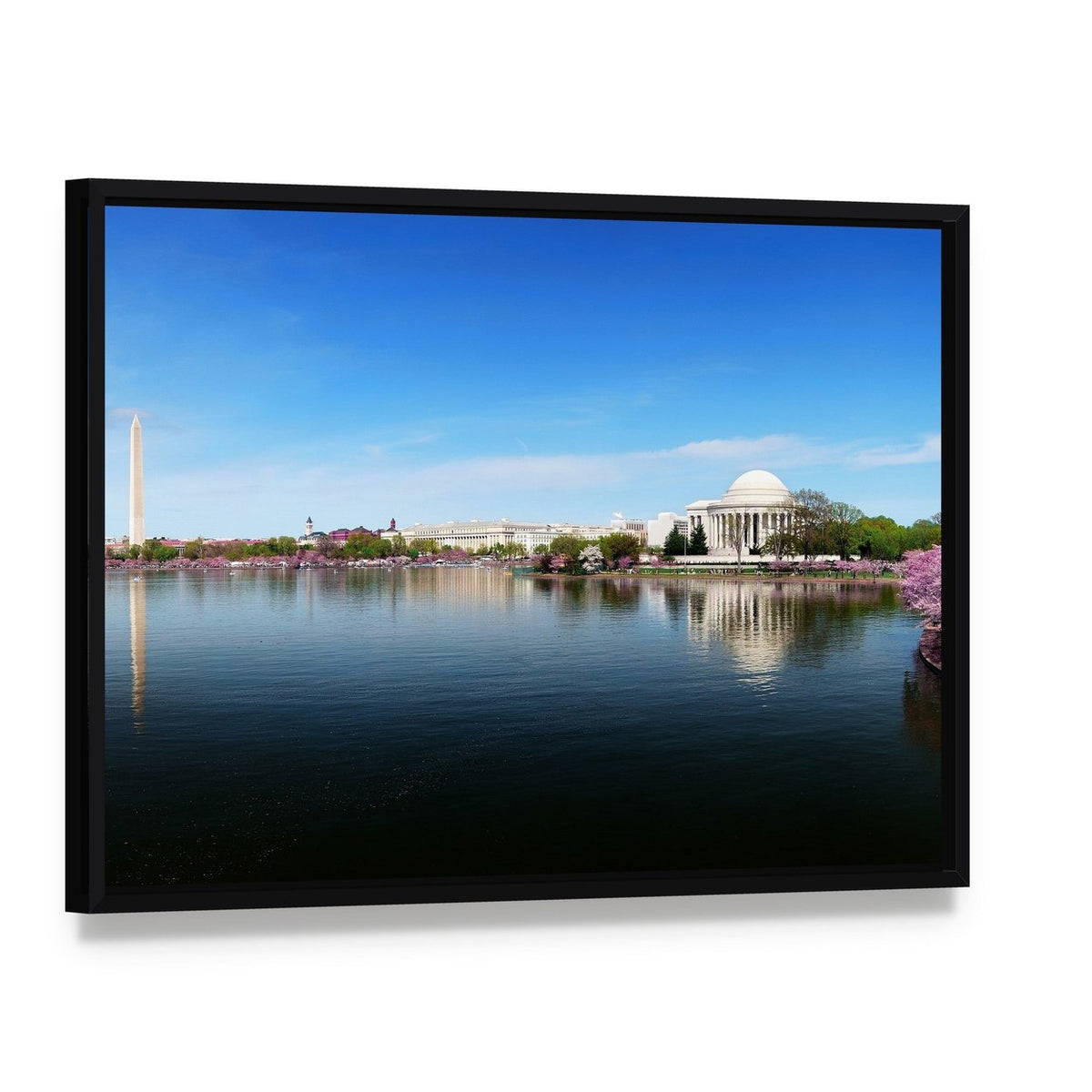 Washington Monument and Jefferson Memorial Canvas Wall Art, framed canvas in a black floater frame, angled product view