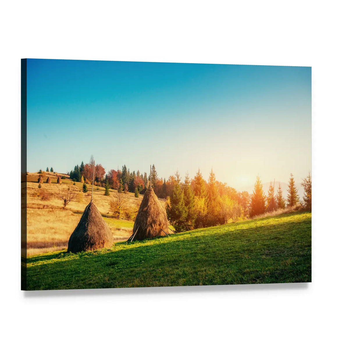 Autumn Haystacks in a Field Canvas Wall Art, single panel gallery wrapped canvas, angled product view