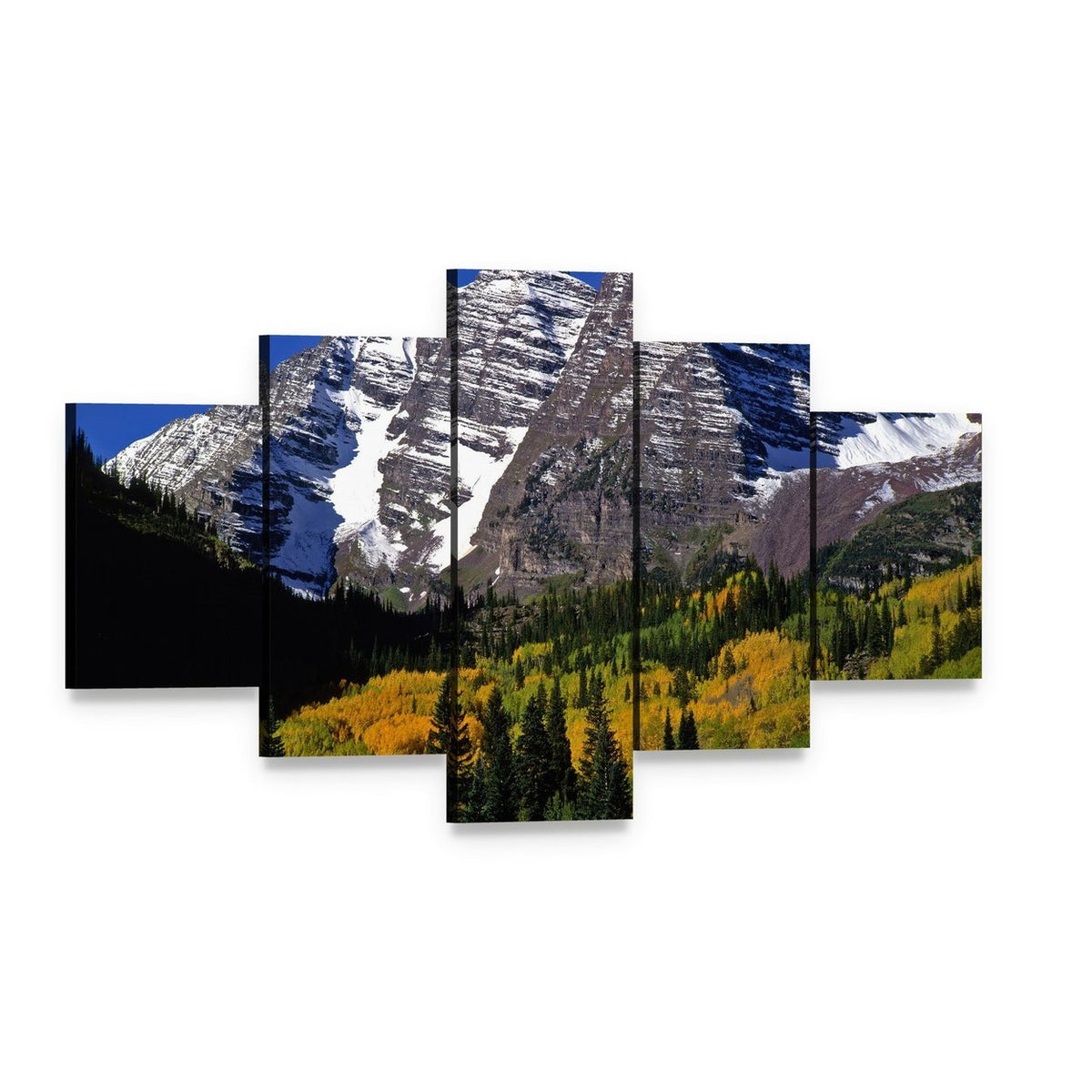 Majestic Colorado Forest with Autumn Foliage Canvas Wall Art, 5 panel 5 Star layout gallery wrapped canvas set, angled product view